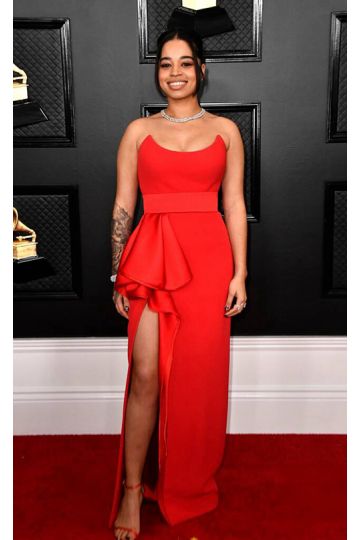 Ella Mai Red Strapless Long Formal Prom Celebrity Dress with Slit Grammys 2020