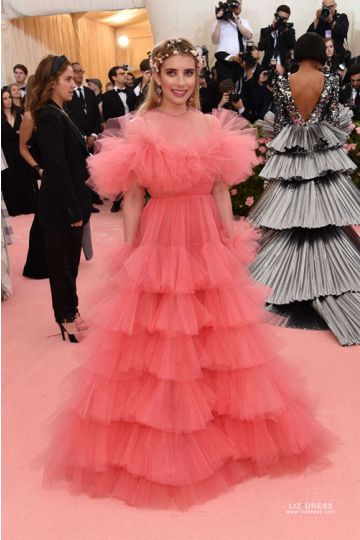 Emma Roberts Coral Long-sleeve Tulle Formal Prom Celebrity Dress Met Gala 2019
