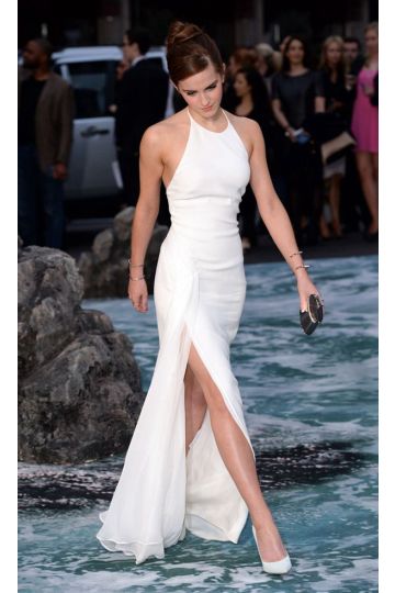 Icy Poise – Emma Watson “Noah” London Premiere-Inspired White Halter Slit Sheath Gown