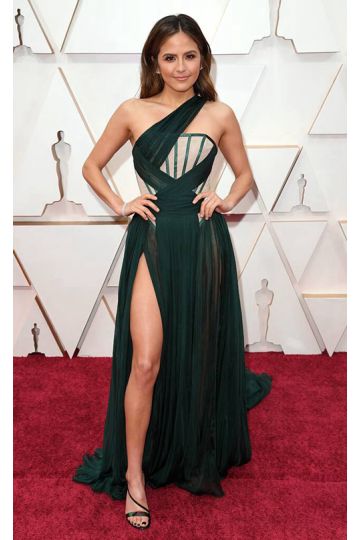 Erin Lim Green One-shoulder Chiffon Formal Prom Celebrity Dress with Slit Oscars 2020