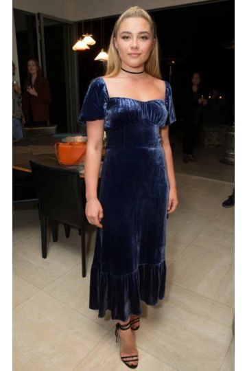 Florence Pugh Inspired Navy Blue Velvet Christmas Cocktail Party Celebrity Dress
