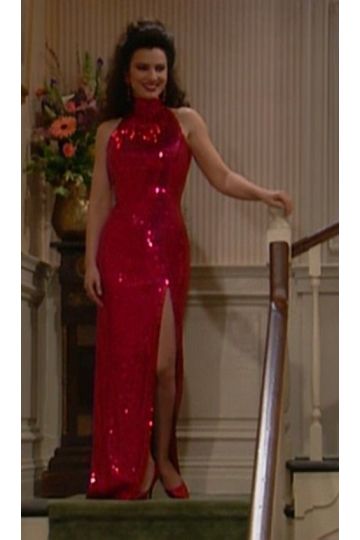 Fran Drescher Inspired Red Sequin Halter Sheath Dress with Side Slit The Nanny