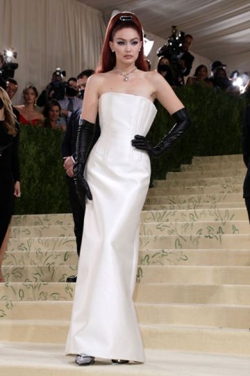 Gigi Hadid Inspired White Strapless Satin Celebrity Formal Dress Met Gala 2021