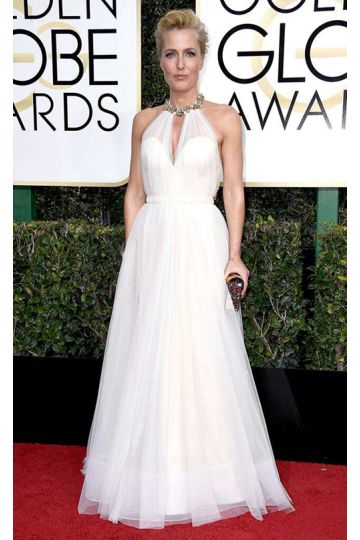 Gillian Anderson White Halter Tulle Ball Gown Golden Globes Party 2017