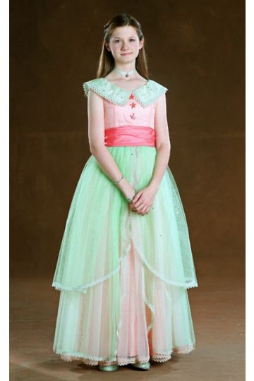 Ginny Weasley Inspired Pastel Pink & Green Off-the-Shoulder Tiered Chiffon Yule Ball Gown from “Harry Potter”  
