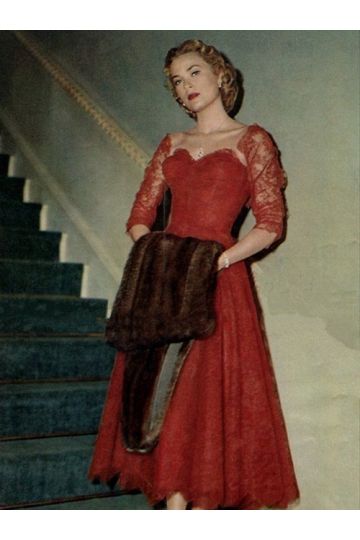 Grace Kelly Red Lace Tea-length Cocktail Party Vintage Celebrity Dress