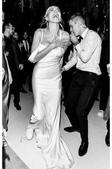 Hailey Bieber Inspired White Satin Backless Celebrity Wedding Reception Dress