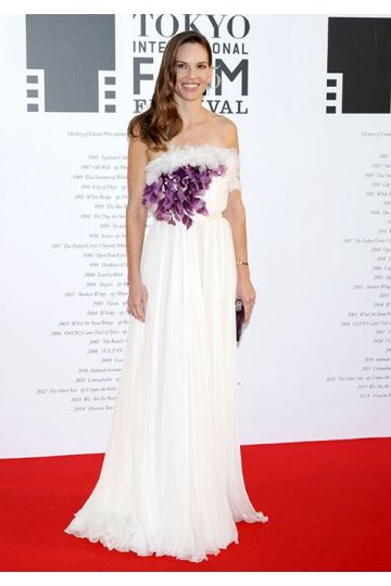 Hilary Swank Inspired White and Purple Strapless Chiffon Celebrity Formal Prom Dress