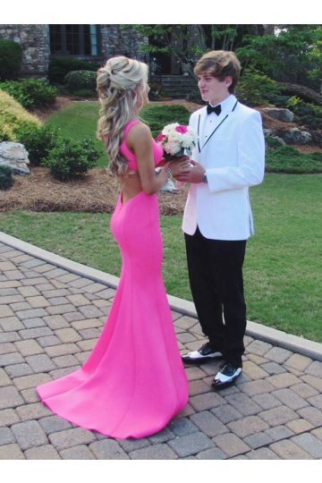 Fuchsia Delight – Hot Pink V-Neck Mermaid Prom Dress