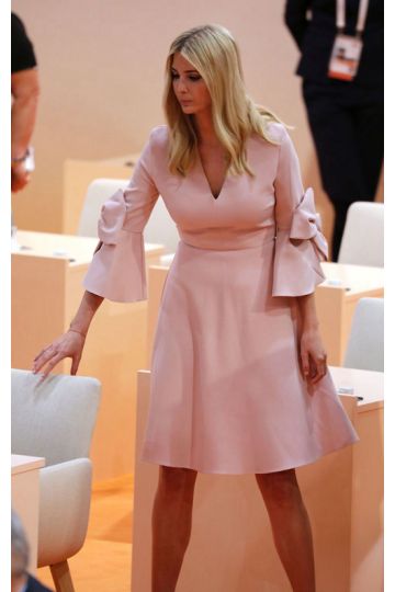 Summit Soirée – G20 Summit 2017–Inspired Blush Pink Bow-Sleeve V-Neck A-Line Dress