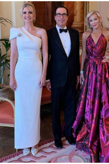 Majestic Poise – Ivanka Trump White One-Shoulder Sheath Midi Dress