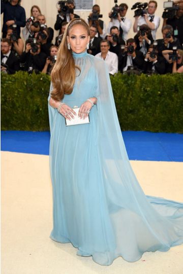 Celestial Grace – Jennifer Lopez Sky-Blue Chiffon Cape Gown