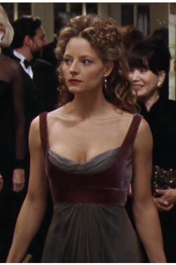 Jodie Foster Inspired Burgundy and Gray Satin Dress in Contact – Elegant Evening Gown with Square Neckline and Floor-Length Design