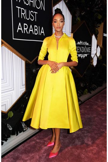 Luminous Grace – Yellow Satin Button-down A-line Dress