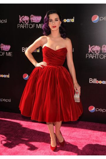 Velvet Reverie – Katy Perry Red Strapless Tea-Length Ball Gown