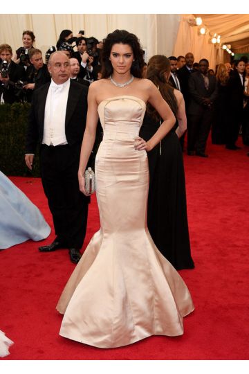 Champagne Glow Kendall Jenner Inspired Champagne Satin Strapless Mermaid Celebrity Formal Prom Dress Met Gala 2014