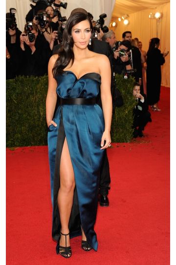 Kim Kardashian Inspired Blue and Black Satin Celebrity Evening Dress Met Gala 2014