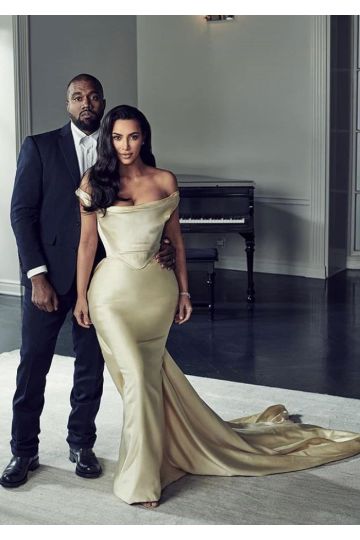 Kim Kardashian Champagne Off-the-shoulder Satin Dress Diddy Birthday Party