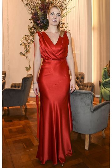 Lady Kitty Spencer Inspired Red V-neck Satin Formal Prom Evening Celebrity Dress