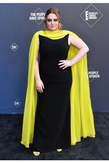 Lauren Ash Black Velvet Dress with Yellow Chiffon Cape People's Choice Awards 2020