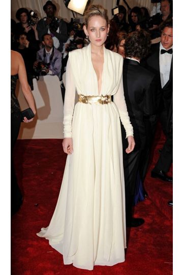 Leelee Sobieski White Plunging V-neck Long-Sleeve Dress Met Gala 2011