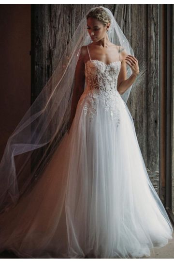 Leona Lewis Inspired Spaghetti Straps A-line Lace Tulle Celebrity Wedding Dress