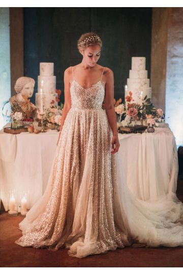 Leona Lewis Champagne Sequin Tulle Spaghetti Straps Celebrity Wedding Reception Dress