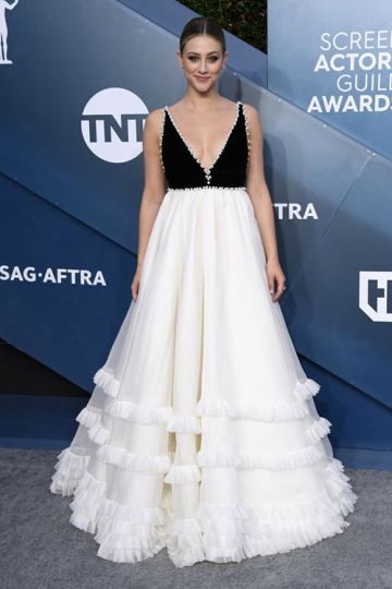 Lili Reinhart Black and White V-neck Formal Prom Celebrity Dress SAG Awards 2020