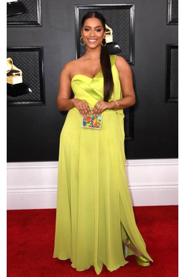 Lilly Singh Green One-shoulder Formal Prom Celebrity Dress with Slit Grammys 2020