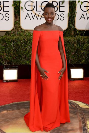 Lupita Nyong’o Red Off-the-Shoulder Cape Gown Golden Globes 2014