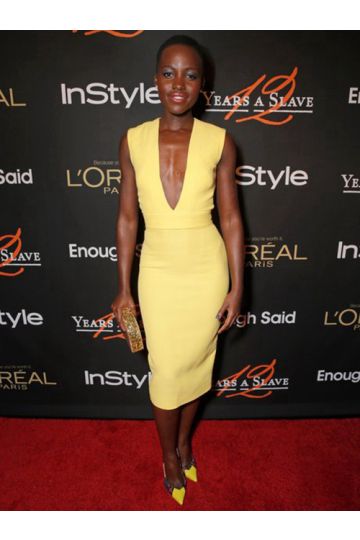 Lupita Nyong鈥檕 Inspired Short Yellow Plunging V-neck Cocktail Party Celebrity Dress
