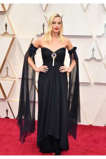 Margot Robbie Black Long-sleeves Chiffon Formal Prom Celebrity Dress Oscars 2020