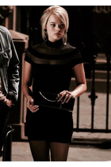 Margot Robbie Inspired Little Black Dress in The Wolf of Wall Street – Elegant Sheath Silhouette with Illusion High Neck and Knee-Length Design