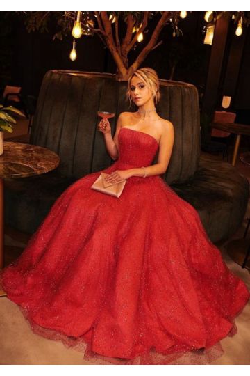 Maria Bakalova Inspired Red Strapless Ball Gown Prom Dress Golden Globes 2021