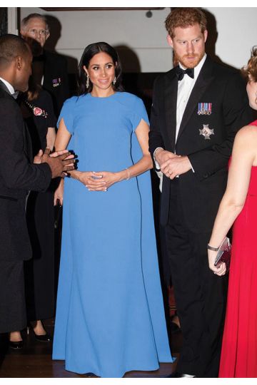 Royal Serenity – Meghan Markle-Inspired Blue Cape-Sleeve Maternity Column Gown