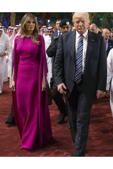 Fuchsia Majesty – Saudi Arabia State Visit–Inspired Fuchsia Crepe Cape-Sleeve Sheath Gown