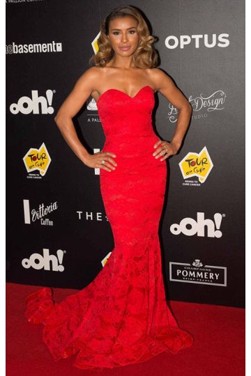 Crimson Grace – Melody Thornton Inspired Red Lace Strapless Mermaid Dress