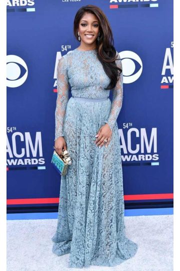 Mickey Guyton Inspired Blue Lace Long-sleeve Celebrity Evening Prom Dress ACM 2019