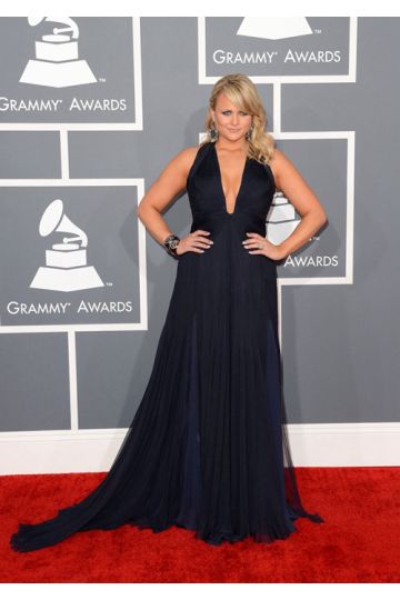 Miranda Lambert Black Plunging V-neck Chiffon Formal Prom Dress Grammys 2013