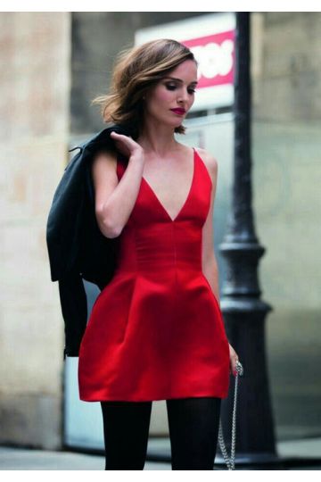 Natalie Portman Inspired Red V Neck A Line Mini Satin Cocktail Party Celebrity Dress