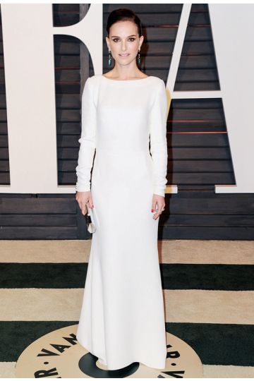Natalie Portman White Long-sleeve Celebrity Formal Evening Prom Dress Oscars 2015