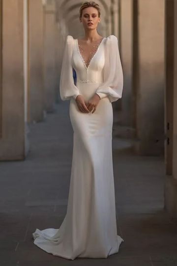V-Neck Puff Sleeve Sheath Gown with Long Train for Formal Events
