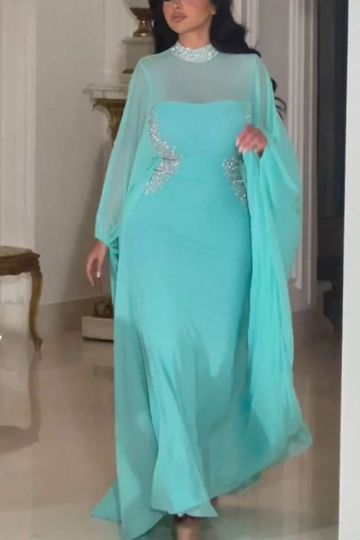 Aqua Flow Embellished Cape Gown