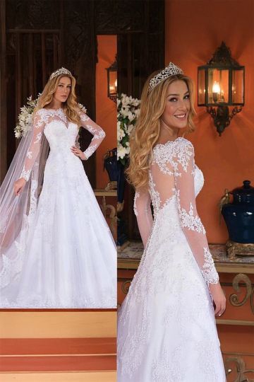 Lace Illusion Long-Sleeve Ball  with Long Train for Formal Events