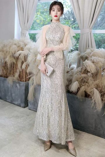 Elegant Silver Sequin Evening Gown with Sheer Sleeves – Perfect for Glamorous Occasions
