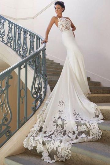 Lace Bodice Mermaid Gown with Long Train for Evening Events