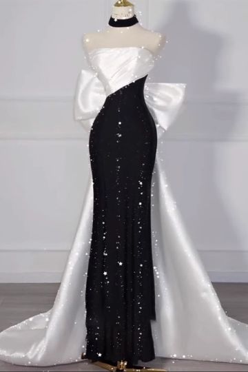 Noir & Ivory Reverie – Strapless Bow-Back Sequin Mermaid Gown