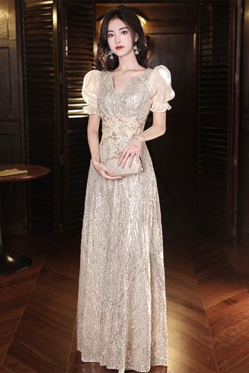 Radiant Gold Sequin Gown with Puff Sleeves – Perfect for Weddings and Galas
