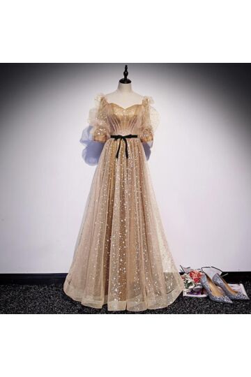 Champagne Stardust Bow-Belt Puff-Sleeve Gown