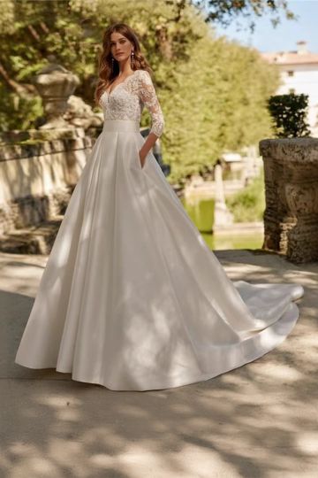 V-Neck Lace-Sleeve Flowy Satin Gown with Long Train for Formal Events